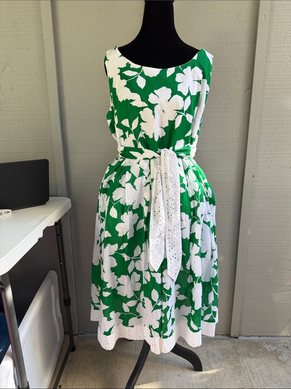 Women’s Green & White Floral Fit-and-Flare Dress with Eyelet Belt